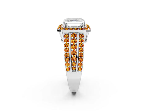 White gold Asscher Cut Halo Diamond Ring with Round with Citrine side stone Split Shank and Prong Setting_14