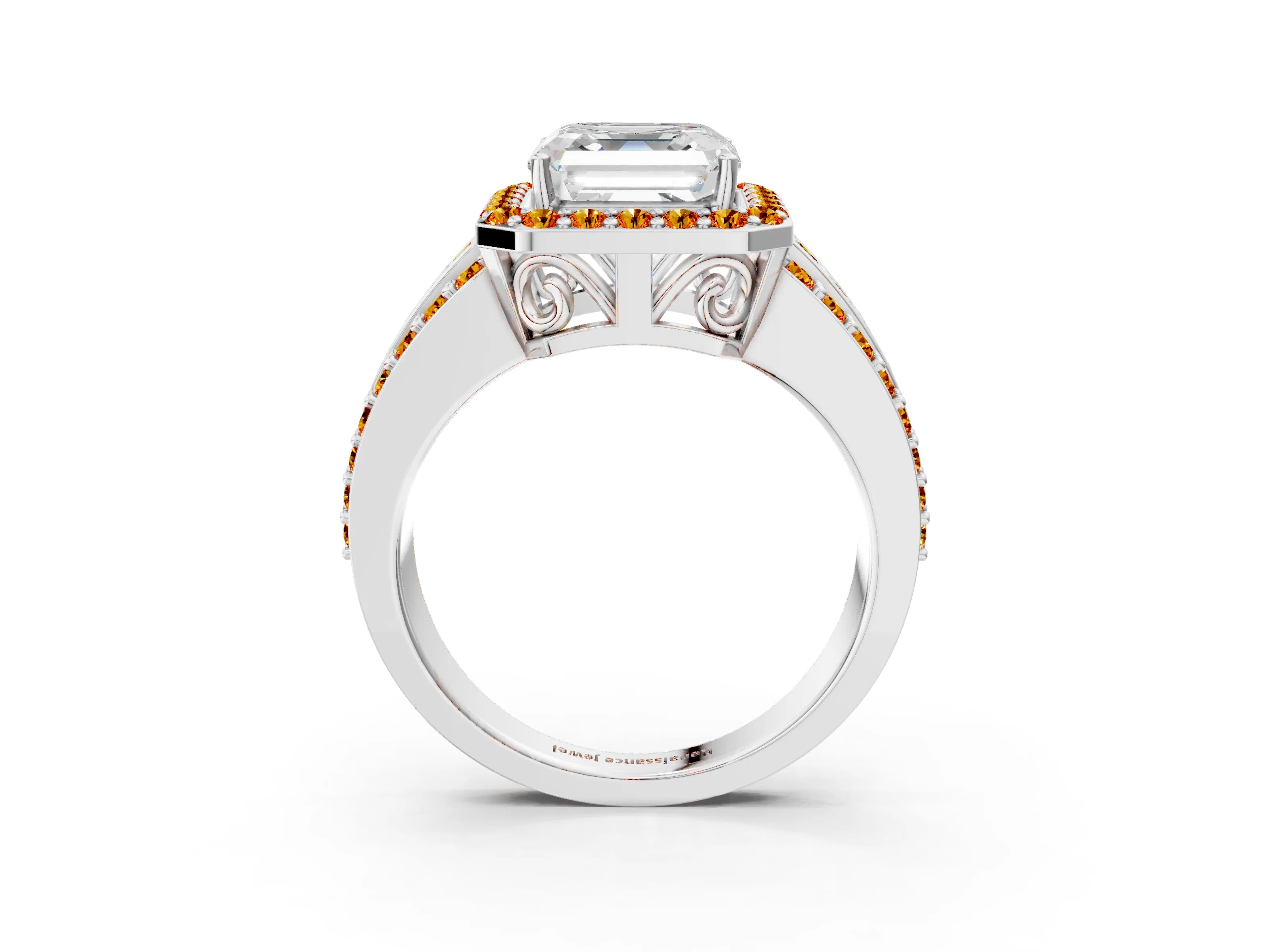 White gold Asscher Cut Halo Diamond Ring with Round with Citrine side stone Split Shank and Prong Setting_15