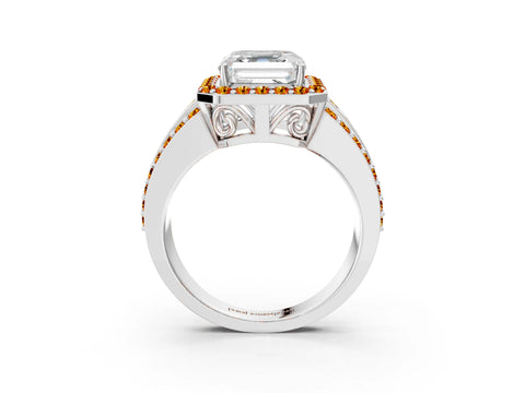 White gold Asscher Cut Halo Diamond Ring with Round with Citrine side stone Split Shank and Prong Setting_15