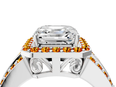 White gold Asscher Cut Halo Diamond Ring with Round with Citrine side stone Split Shank and Prong Setting_16
