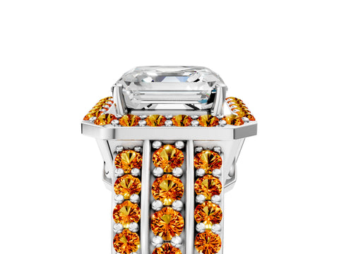 White gold Asscher Cut Halo Diamond Ring with Round with Citrine side stone Split Shank and Prong Setting_17