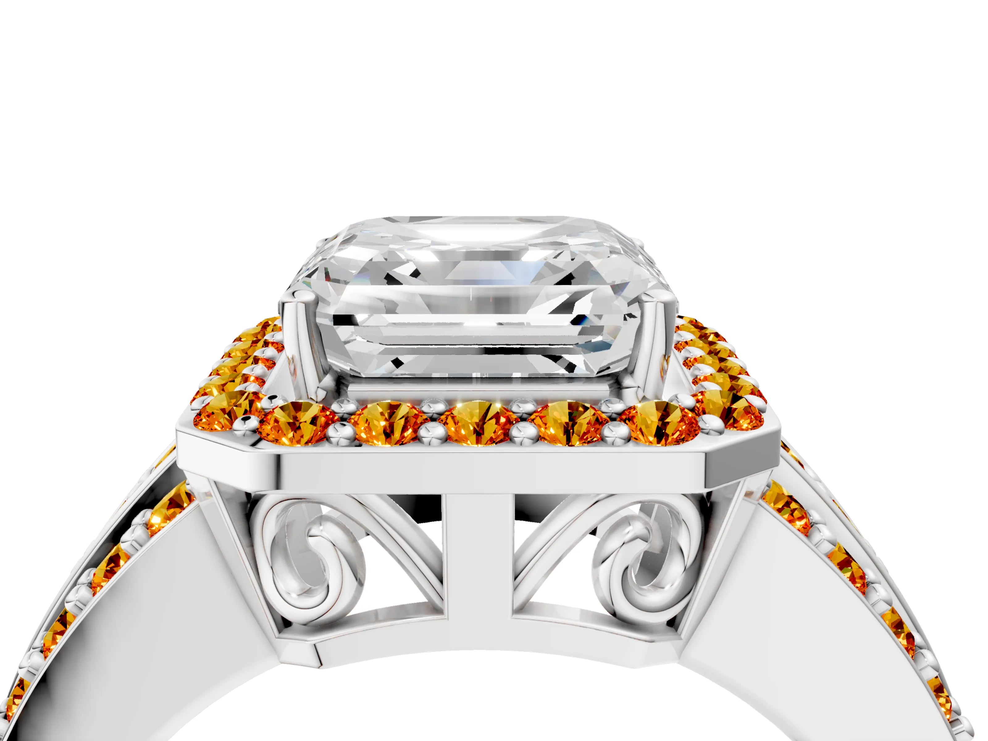 White gold Asscher Cut Halo Diamond Ring with Round with Citrine side stone Split Shank and Prong Setting_28