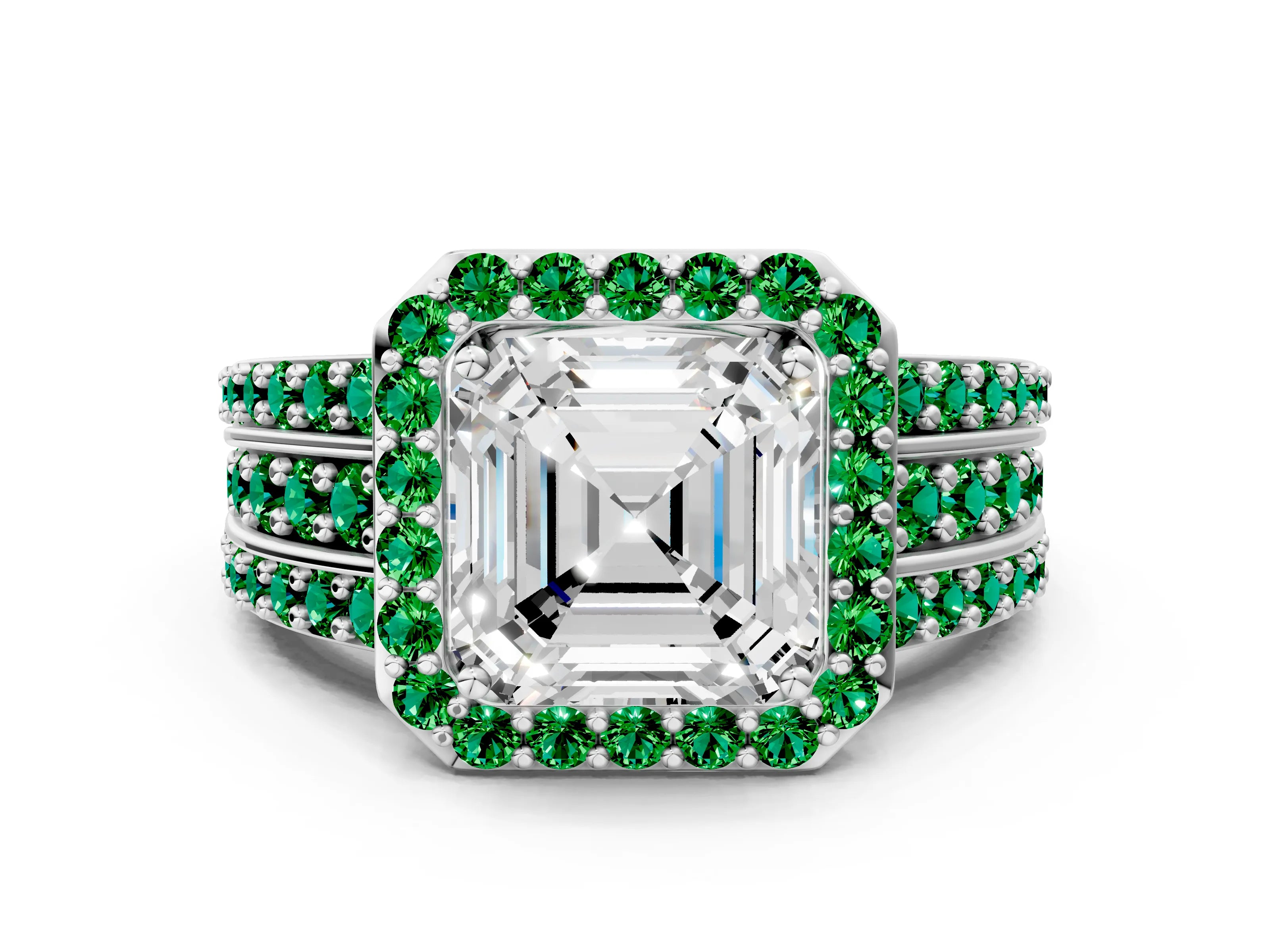 White gold Asscher Cut Halo Diamond Ring with Round with Emerald side stone Split Shank and Prong Setting_24