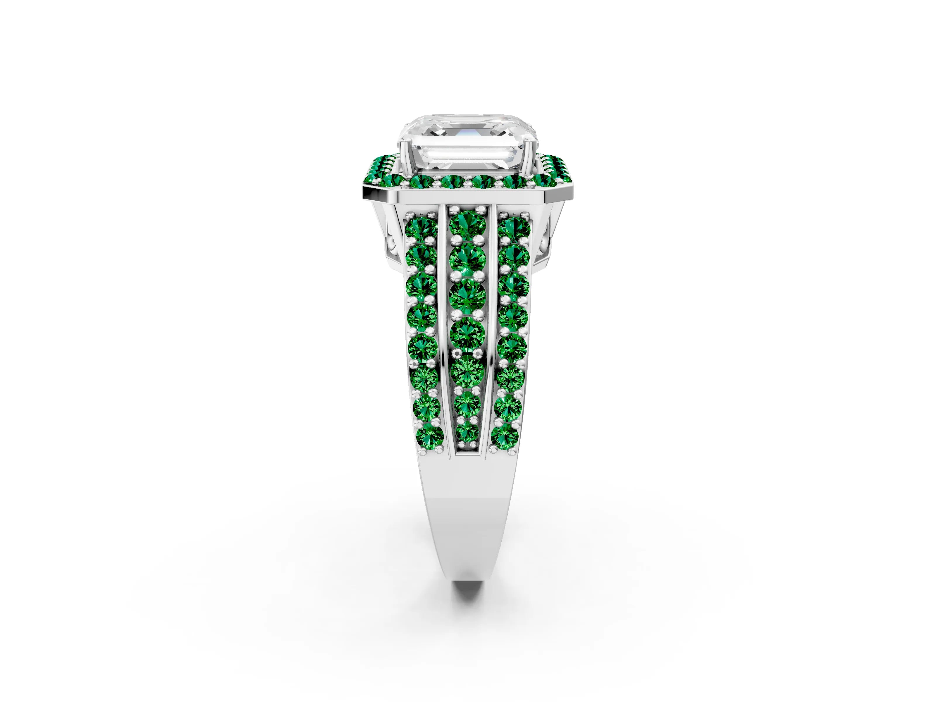 White gold Asscher Cut Halo Diamond Ring with Round with Emerald side stone Split Shank and Prong Setting_26