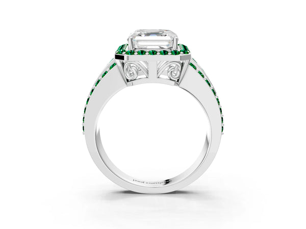 Platinum Asscher Cut Halo Engagement Ring Setting with Lab-Grown Emerald Three Row Pave Band