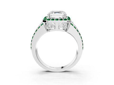 White gold Asscher Cut Halo Diamond Ring with Round with Emerald side stone Split Shank and Prong Setting_27