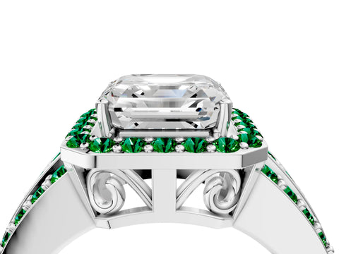 White gold Asscher Cut Halo Diamond Ring with Round with Emerald side stone Split Shank and Prong Setting_28