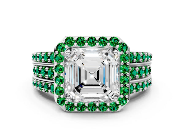 White Gold Asscher Cut Halo Engagement Ring Setting with Lab-Grown Emerald Three Row Pave Band