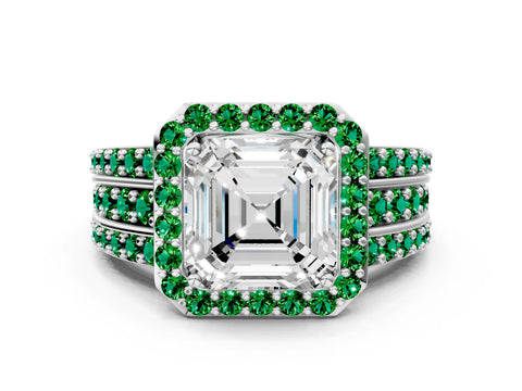 White gold Asscher Cut Halo Diamond Ring with Round with Emerald side stone Split Shank and Prong Setting_36