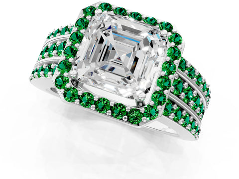 White gold Asscher Cut Halo Diamond Ring with Round with Emerald side stone Split Shank and Prong Setting_37