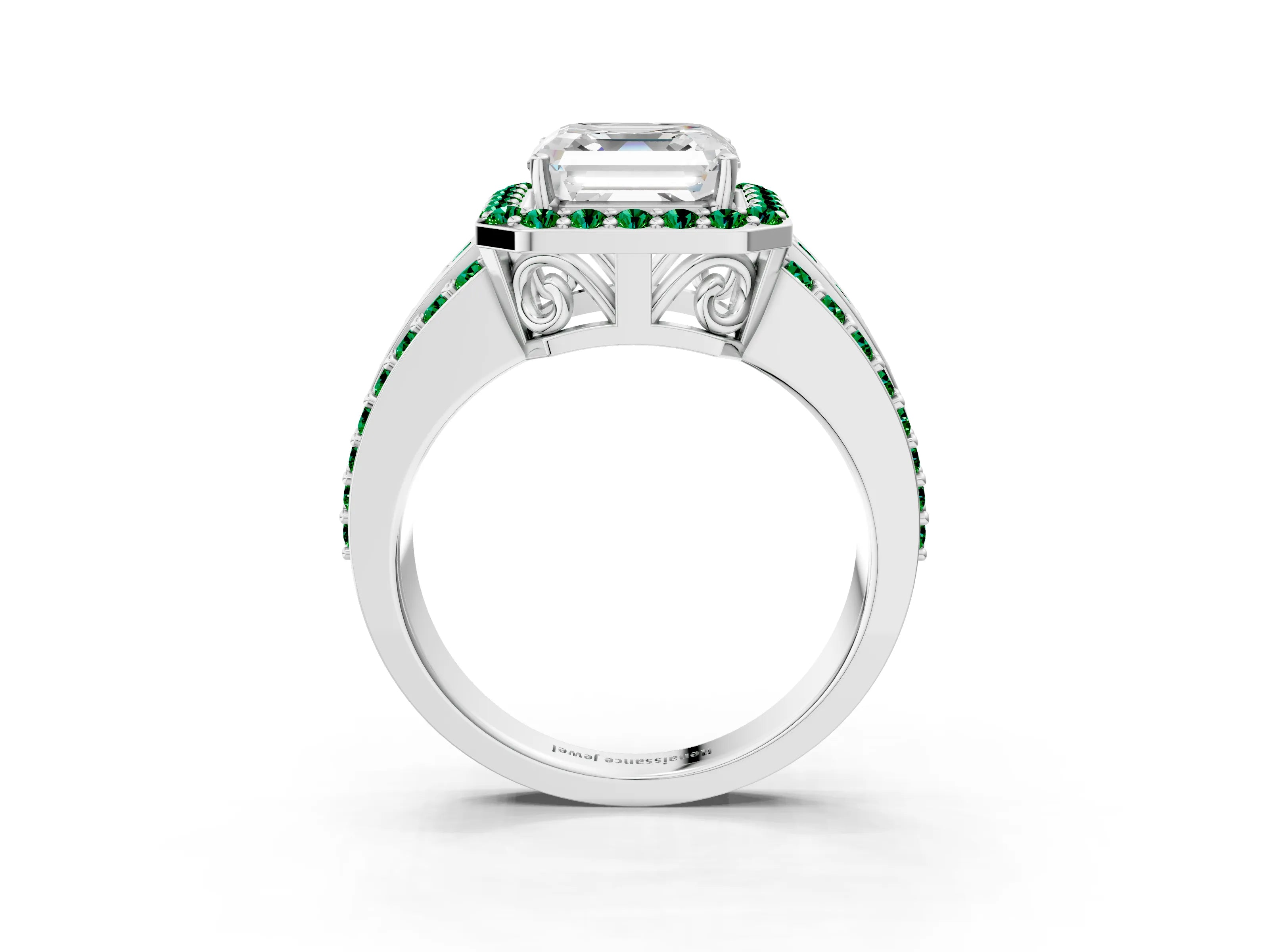 White gold Asscher Cut Halo Diamond Ring with Round with Emerald side stone Split Shank and Prong Setting_39