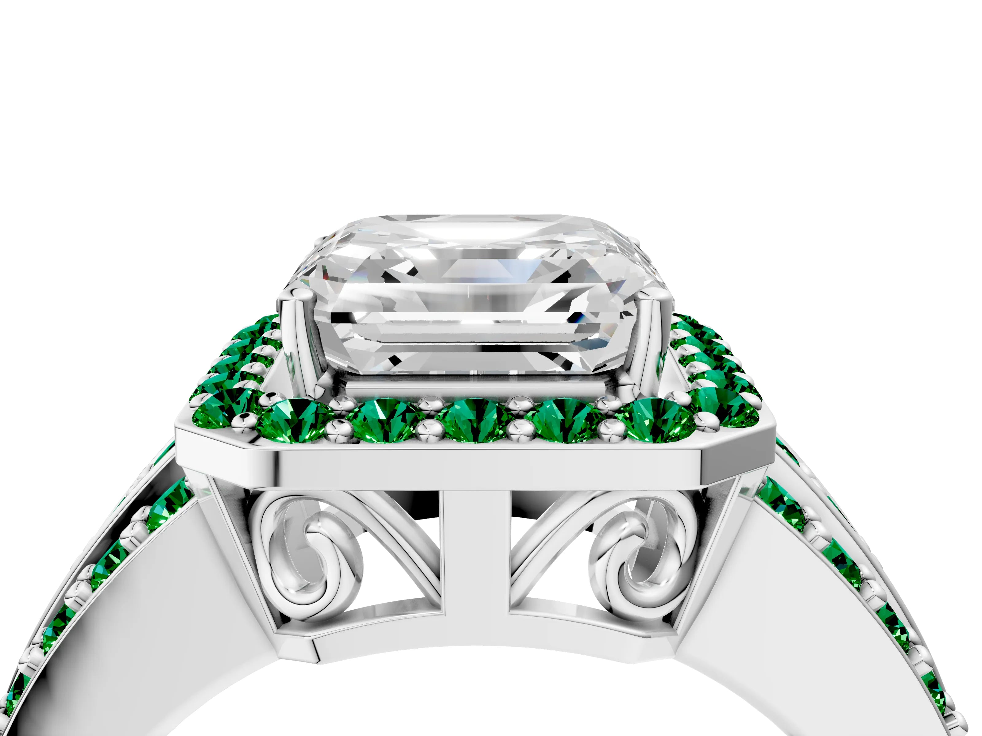 White gold Asscher Cut Halo Diamond Ring with Round with Emerald side stone Split Shank and Prong Setting_40