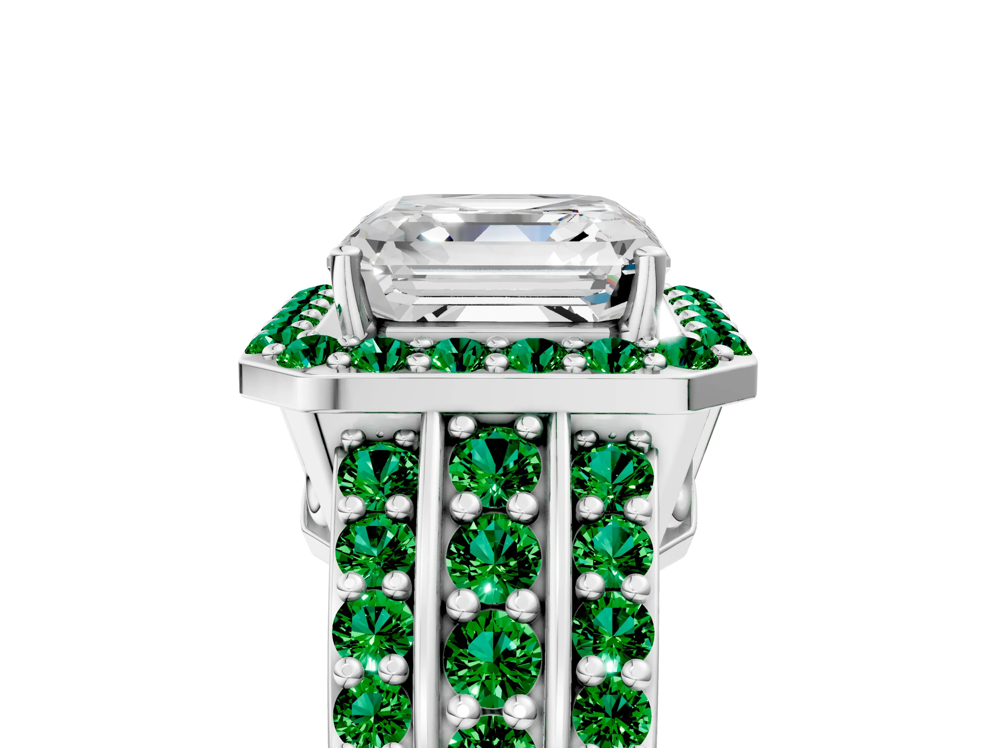 White gold Asscher Cut Halo Diamond Ring with Round with Emerald side stone Split Shank and Prong Setting_41