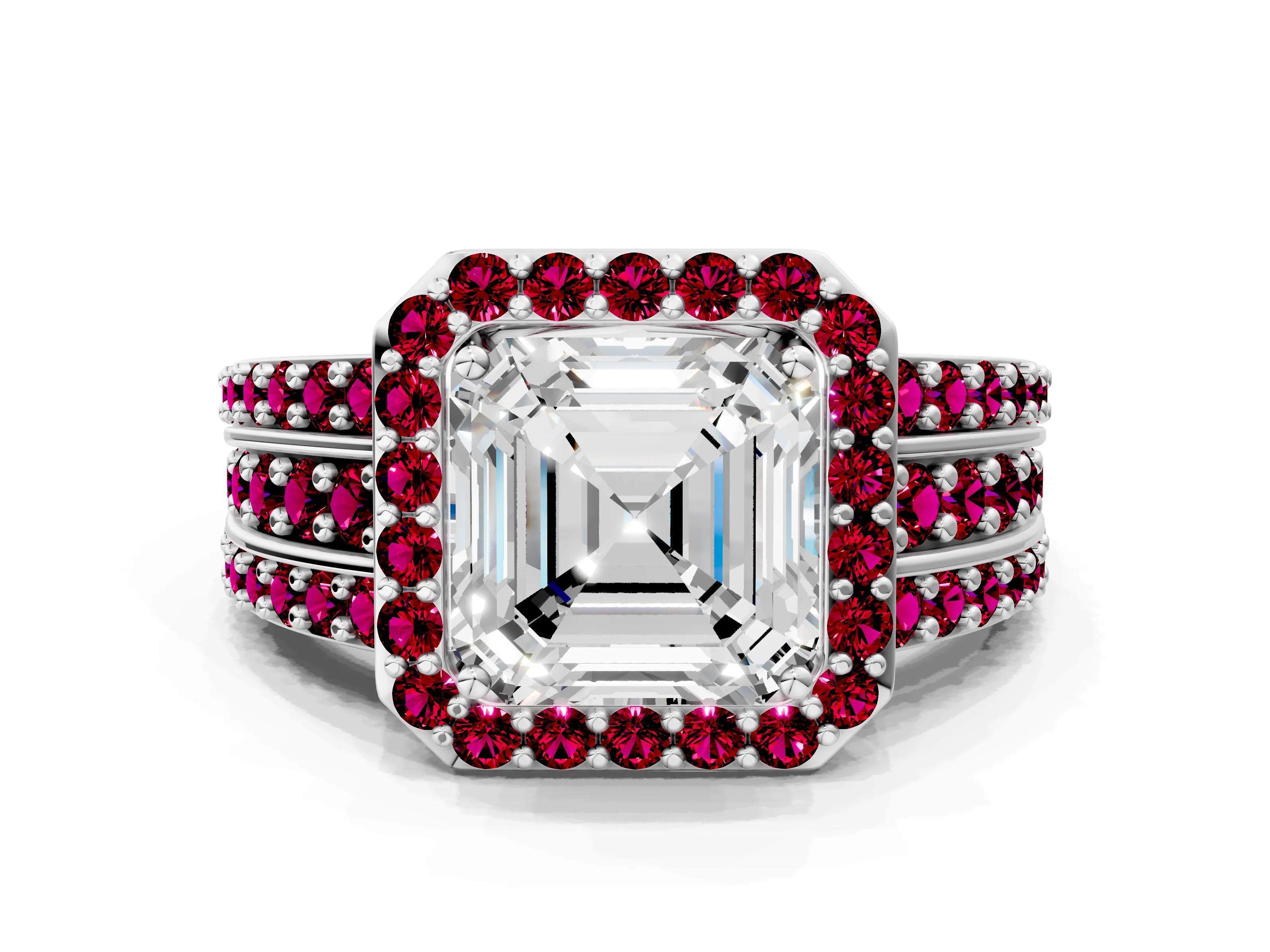 White gold Asscher Cut Halo Diamond Ring with Round with Garnet side stone Split Shank and Prong Setting_24