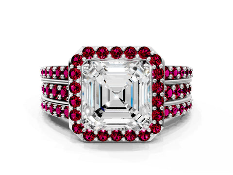 White gold Asscher Cut Halo Diamond Ring with Round with Garnet side stone Split Shank and Prong Setting_24