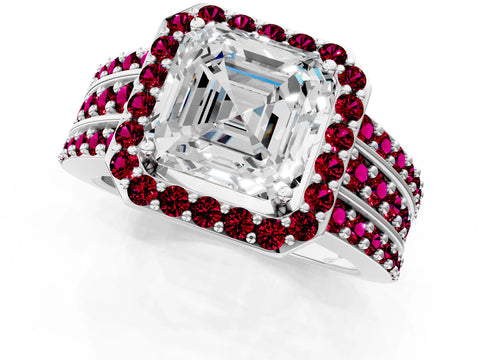 White gold Asscher Cut Halo Diamond Ring with Round with Garnet side stone Split Shank and Prong Setting_25
