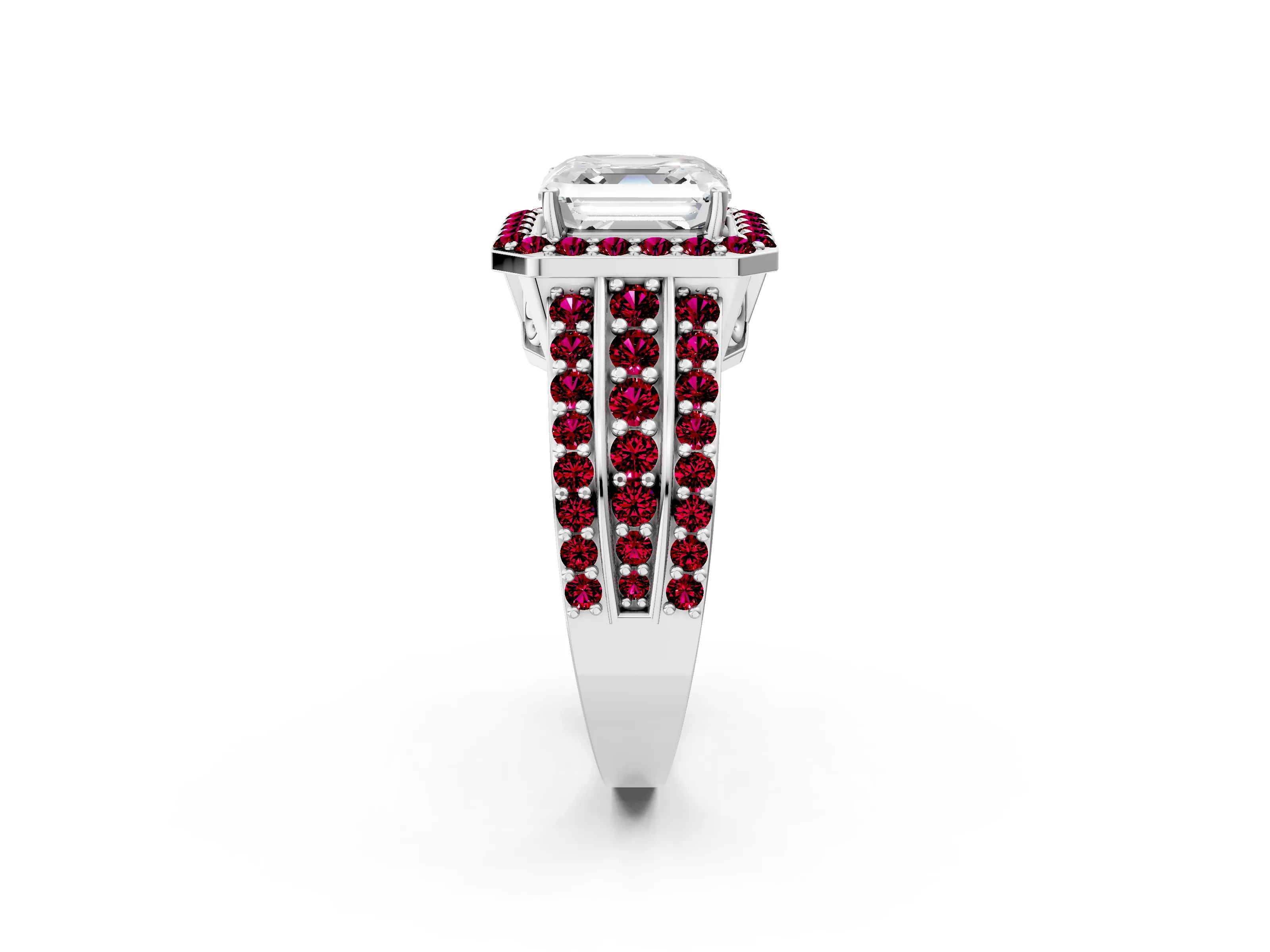 White gold Asscher Cut Halo Diamond Ring with Round with Garnet side stone Split Shank and Prong Setting_26