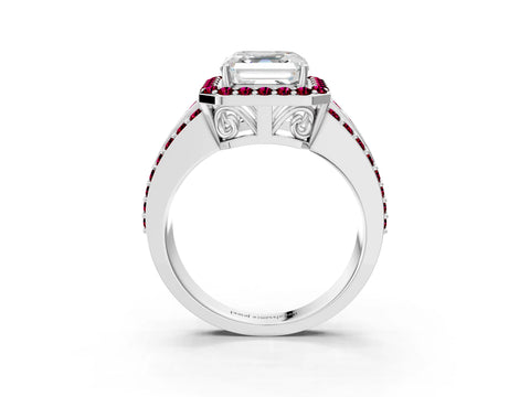 White gold Asscher Cut Halo Diamond Ring with Round with Garnet side stone Split Shank and Prong Setting_27