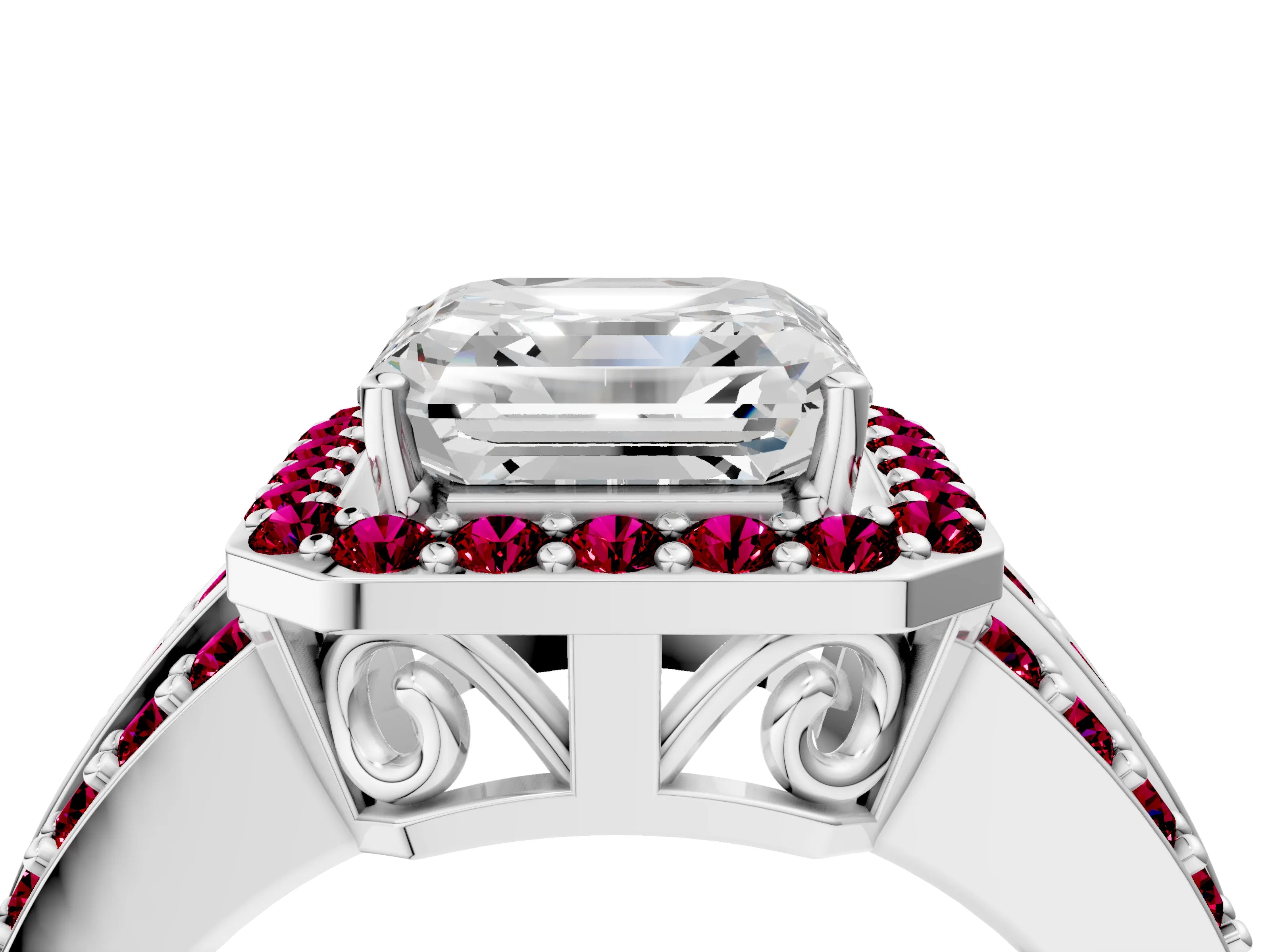 White gold Asscher Cut Halo Diamond Ring with Round with Garnet side stone Split Shank and Prong Setting_28