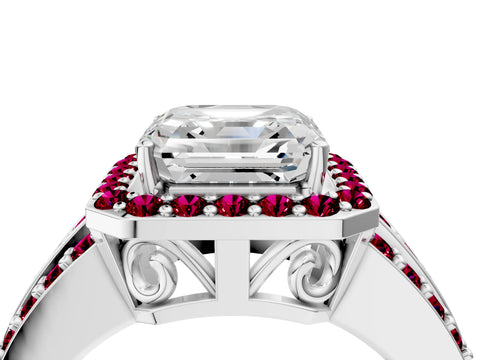 White gold Asscher Cut Halo Diamond Ring with Round with Garnet side stone Split Shank and Prong Setting_28
