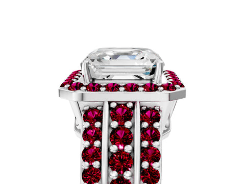White gold Asscher Cut Halo Diamond Ring with Round with Garnet side stone Split Shank and Prong Setting_29