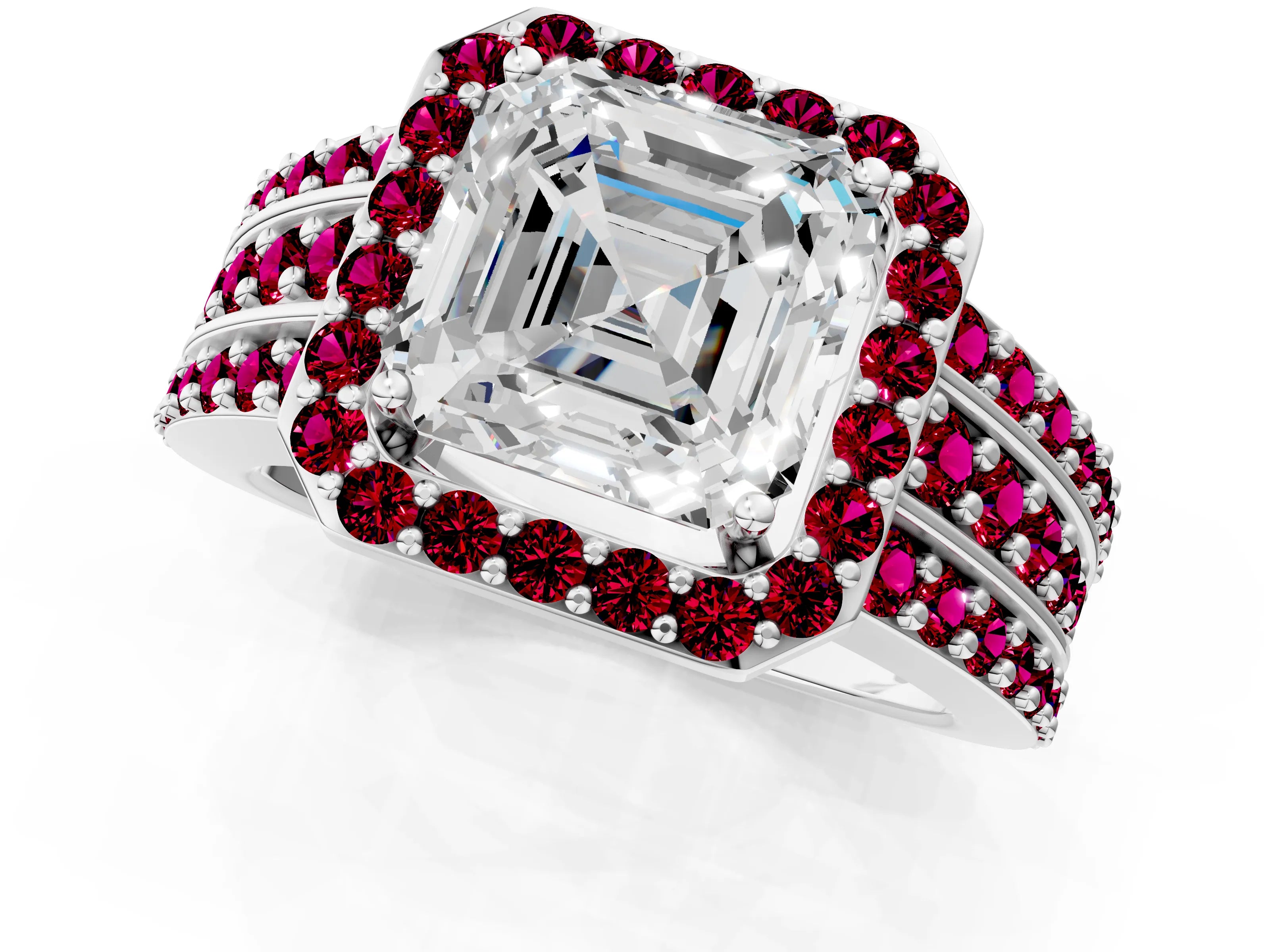 White gold Asscher Cut Halo Diamond Ring with Round with Garnet side stone Split Shank and Prong Setting_37