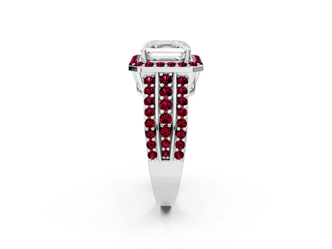 White gold Asscher Cut Halo Diamond Ring with Round with Garnet side stone Split Shank and Prong Setting_38