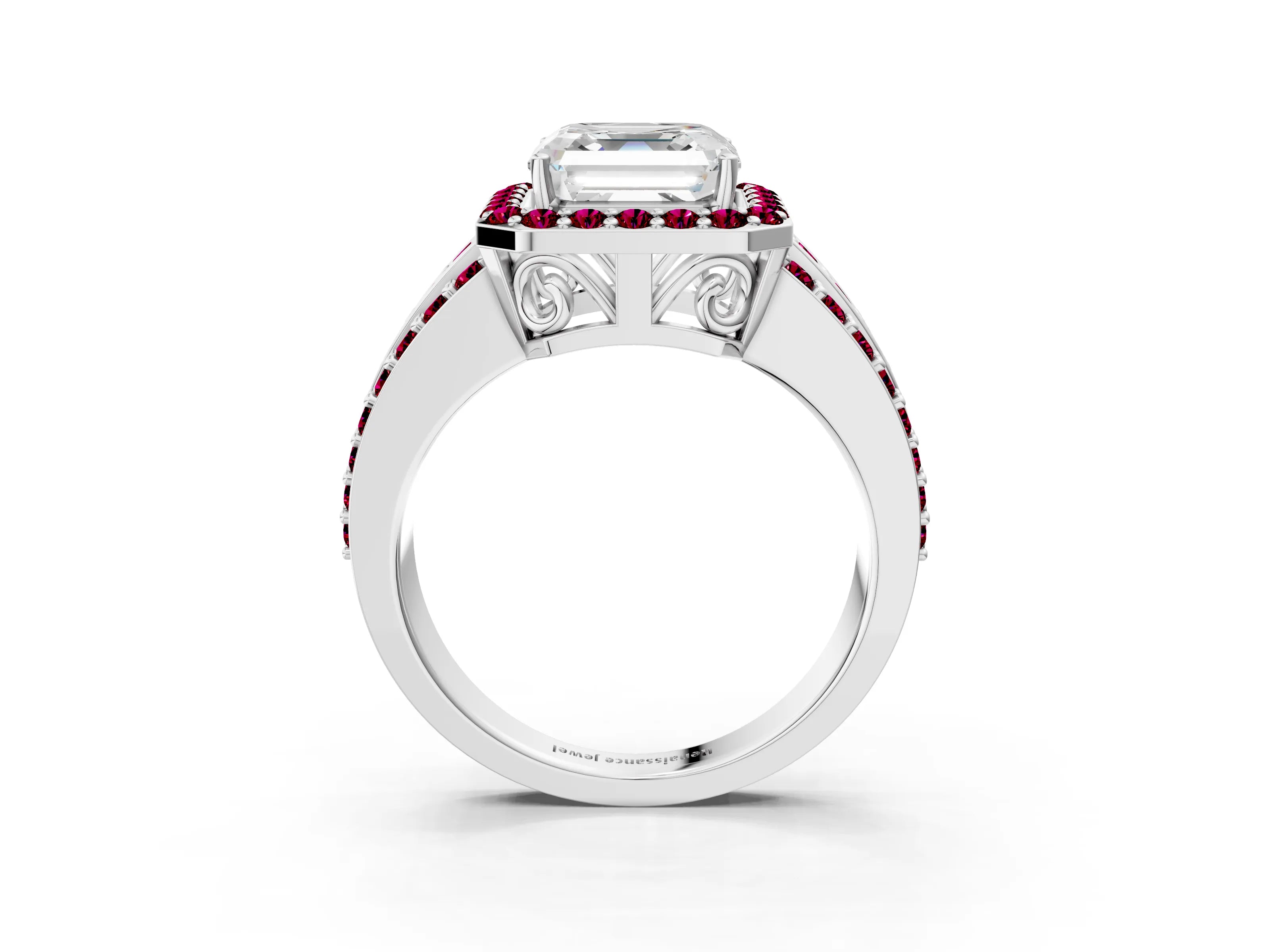 White gold Asscher Cut Halo Diamond Ring with Round with Garnet side stone Split Shank and Prong Setting_39