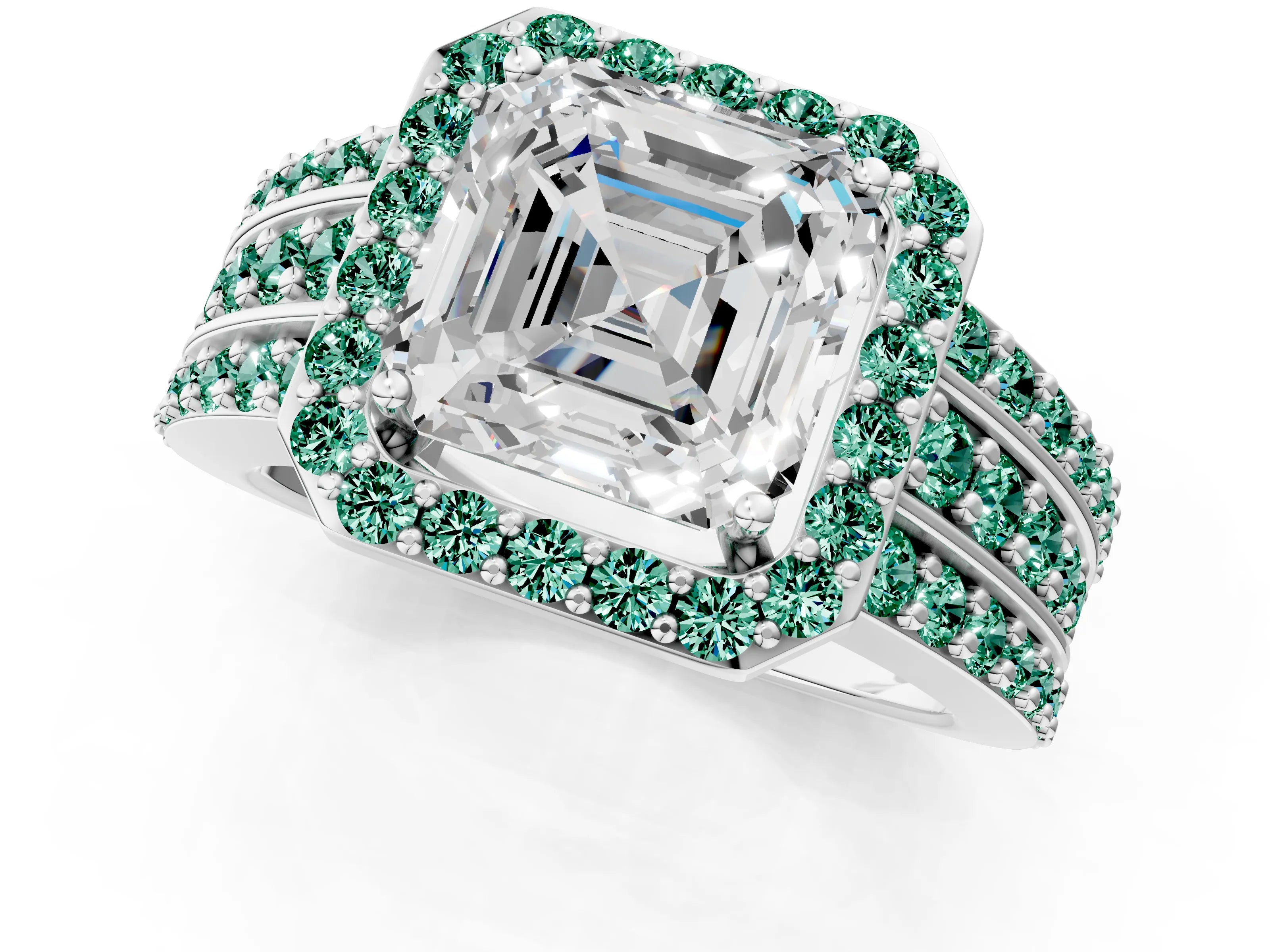 White gold Asscher Cut Halo Diamond Ring with Round with Green Sapphire side stone Split Shank and Prong Setting_43