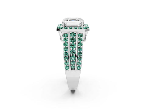 White gold Asscher Cut Halo Diamond Ring with Round with Green Sapphire side stone Split Shank and Prong Setting_44