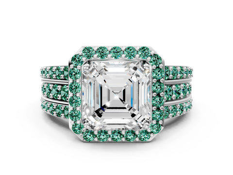 White gold Asscher Cut Halo Diamond Ring with Round with Green Sapphire side stone Split Shank and Prong Setting_45