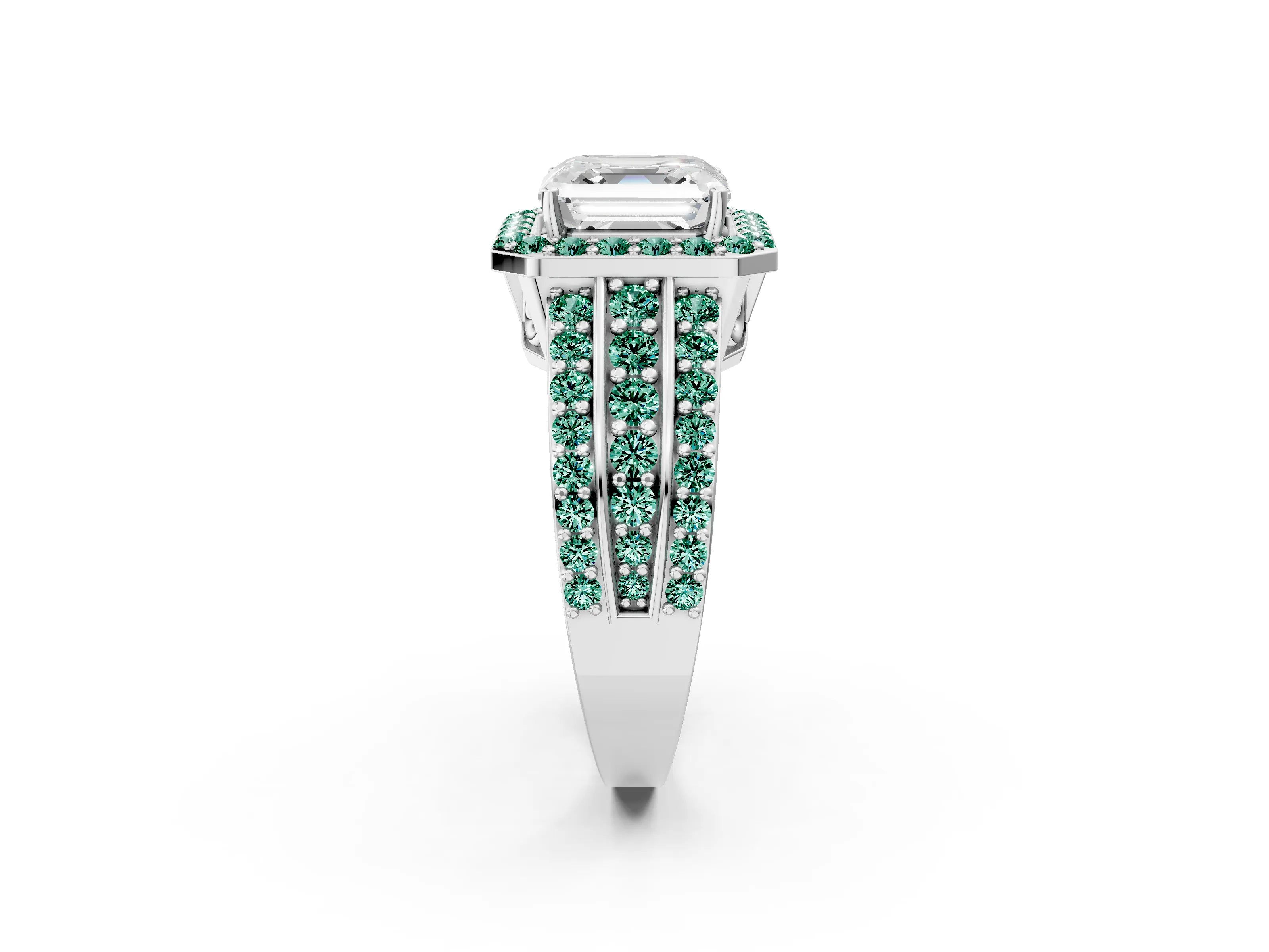 White gold Asscher Cut Halo Diamond Ring with Round with Green Sapphire side stone Split Shank and Prong Setting_47