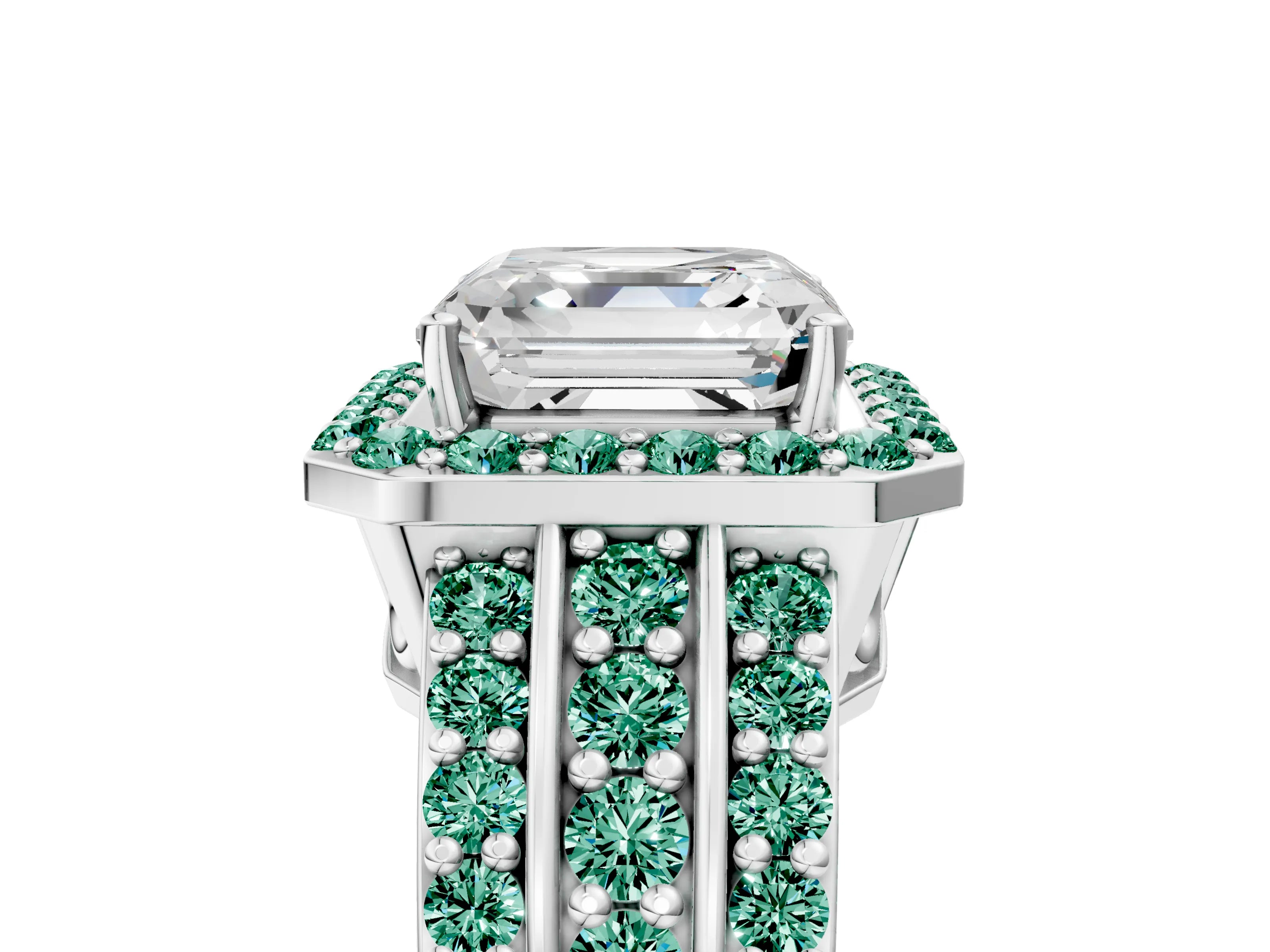 White gold Asscher Cut Halo Diamond Ring with Round with Green Sapphire side stone Split Shank and Prong Setting_47