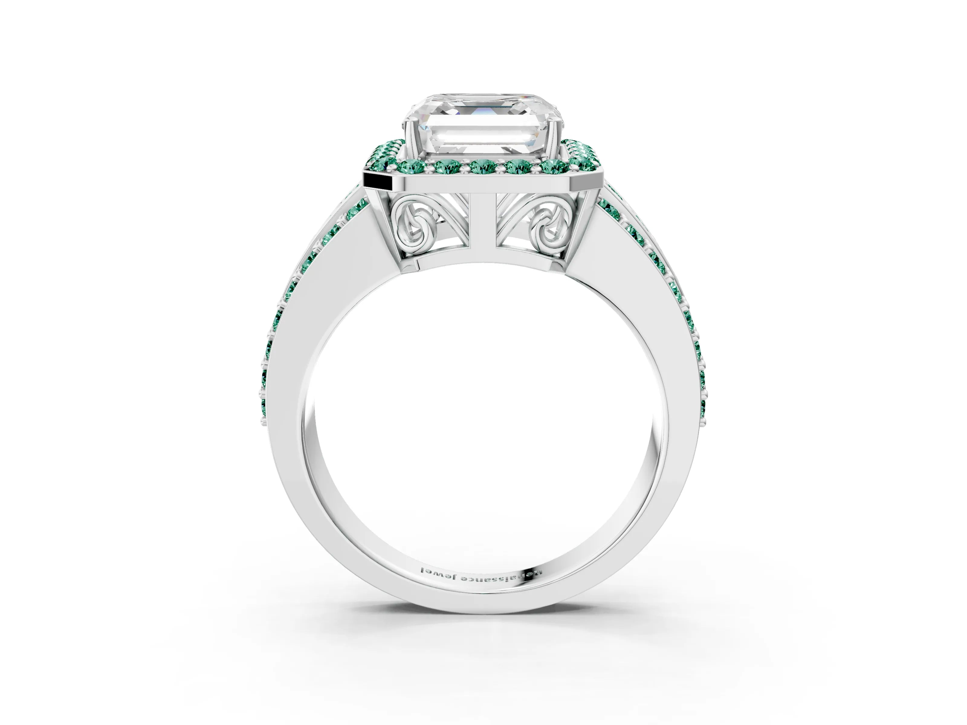 White gold Asscher Cut Halo Diamond Ring with Round with Green Sapphire side stone Split Shank and Prong Setting_48