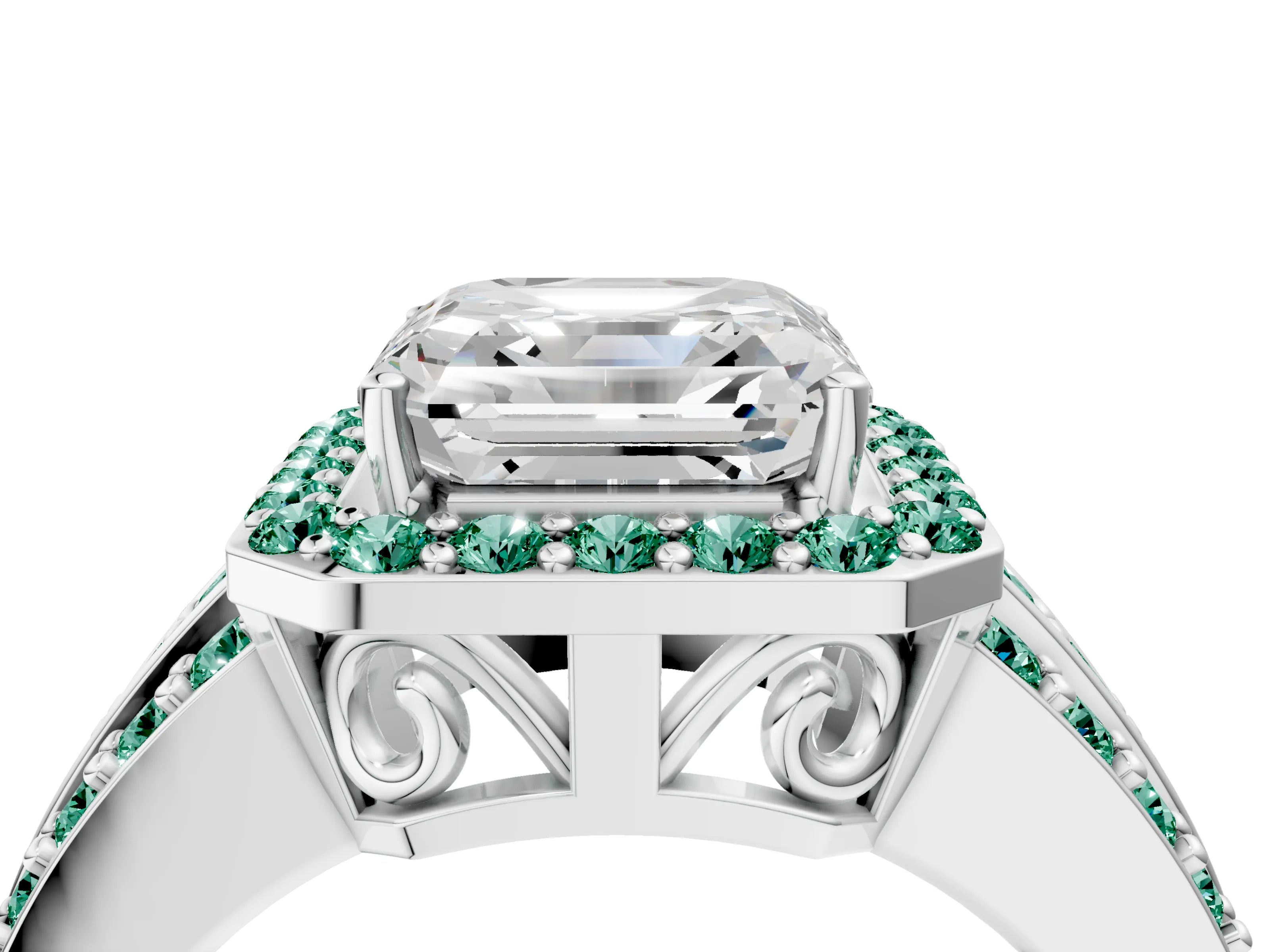 White gold Asscher Cut Halo Diamond Ring with Round with Green Sapphire side stone Split Shank and Prong Setting_49