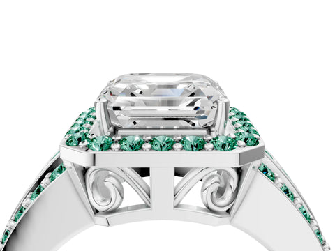 White gold Asscher Cut Halo Diamond Ring with Round with Green Sapphire side stone Split Shank and Prong Setting_49