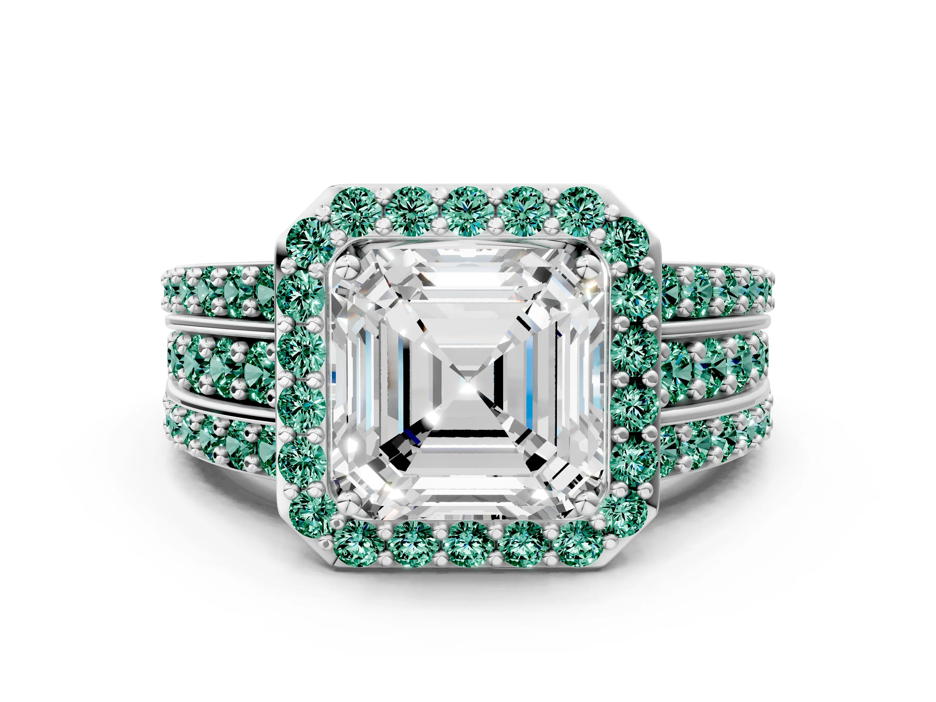 White gold Asscher Cut Halo Diamond Ring with Round with Green Sapphire side stone Split Shank and Prong Setting_54