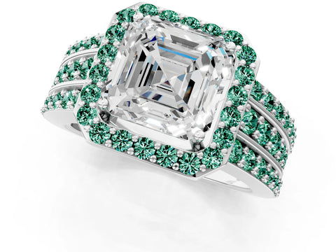 White gold Asscher Cut Halo Diamond Ring with Round with Green Sapphire side stone Split Shank and Prong Setting_55