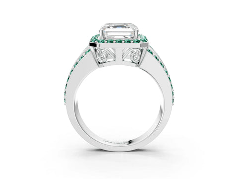 White gold Asscher Cut Halo Diamond Ring with Round with Green Sapphire side stone Split Shank and Prong Setting_57