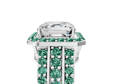 White gold Asscher Cut Halo Diamond Ring with Round with Green Sapphire side stone Split Shank and Prong Setting_59
