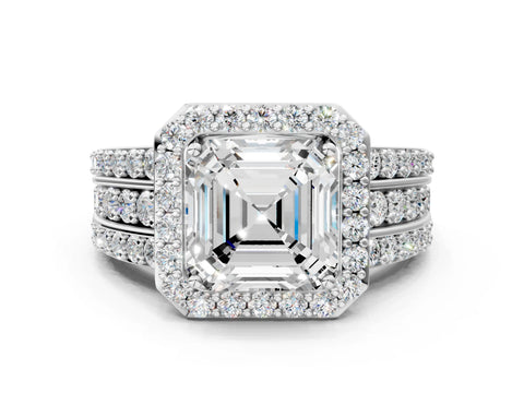 White gold Asscher Cut Halo Diamond Ring with Round with Moissanite side stone Split Shank and Prong Setting_36