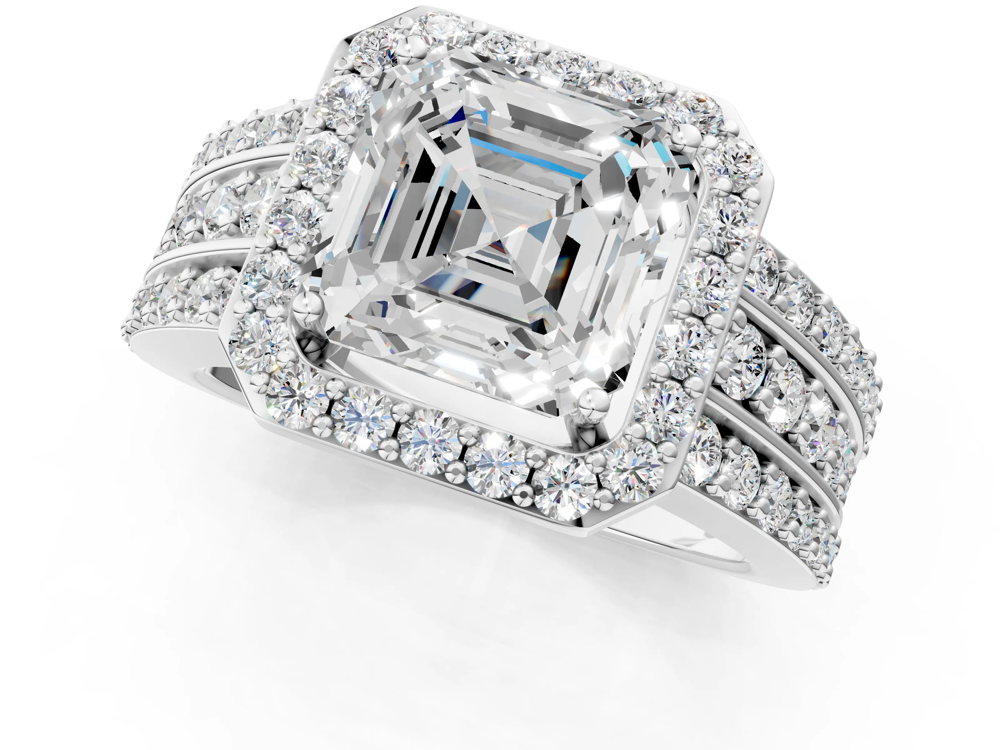 White gold Asscher Cut Halo Diamond Ring with Round with Moissanite side stone Split Shank and Prong Setting_37