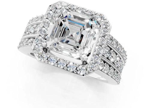 White gold Asscher Cut Halo Diamond Ring with Round with Moissanite side stone Split Shank and Prong Setting_37