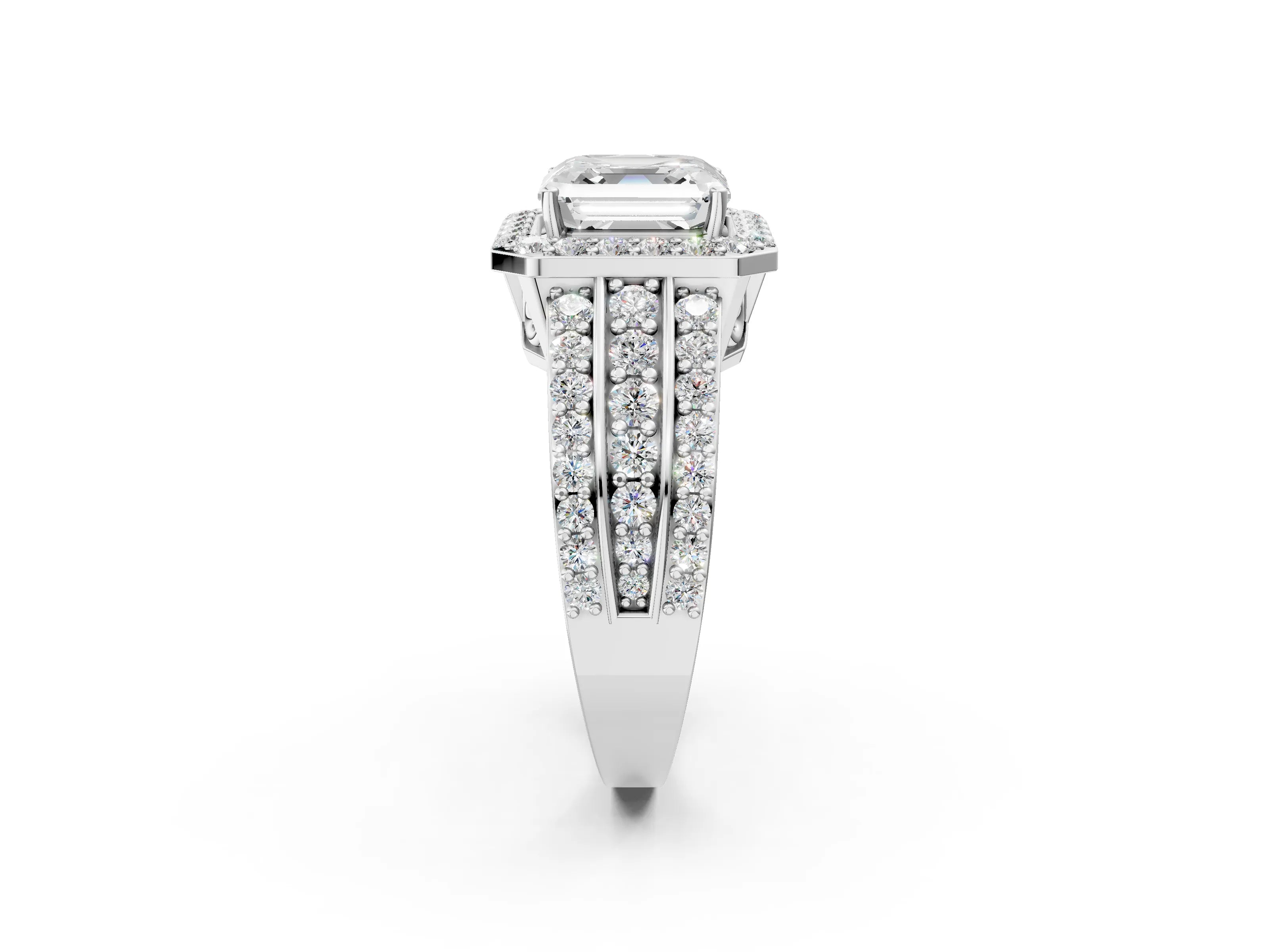 White gold Asscher Cut Halo Diamond Ring with Round with Moissanite side stone Split Shank and Prong Setting_38