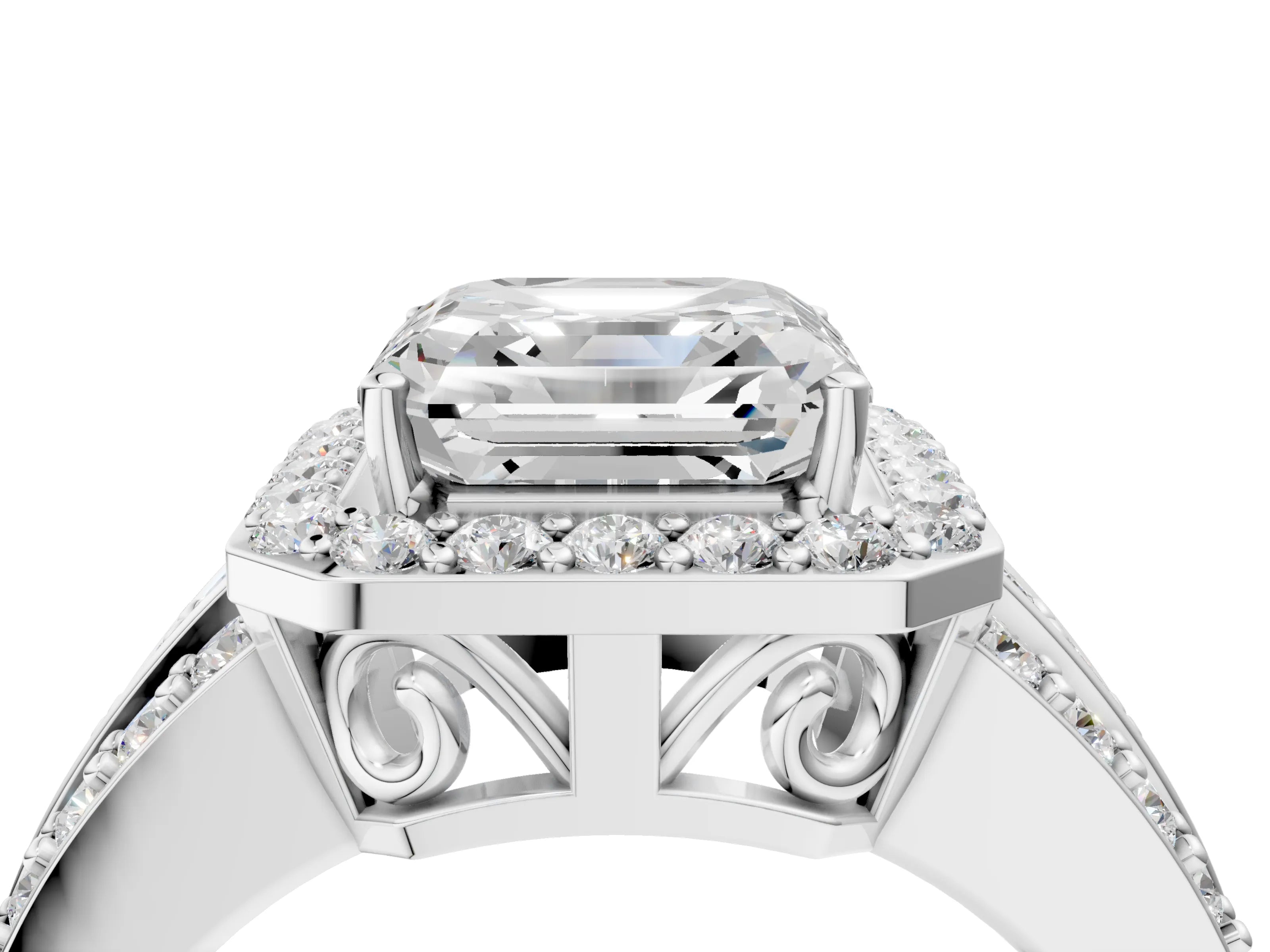 White gold Asscher Cut Halo Diamond Ring with Round with Moissanite side stone Split Shank and Prong Setting_40