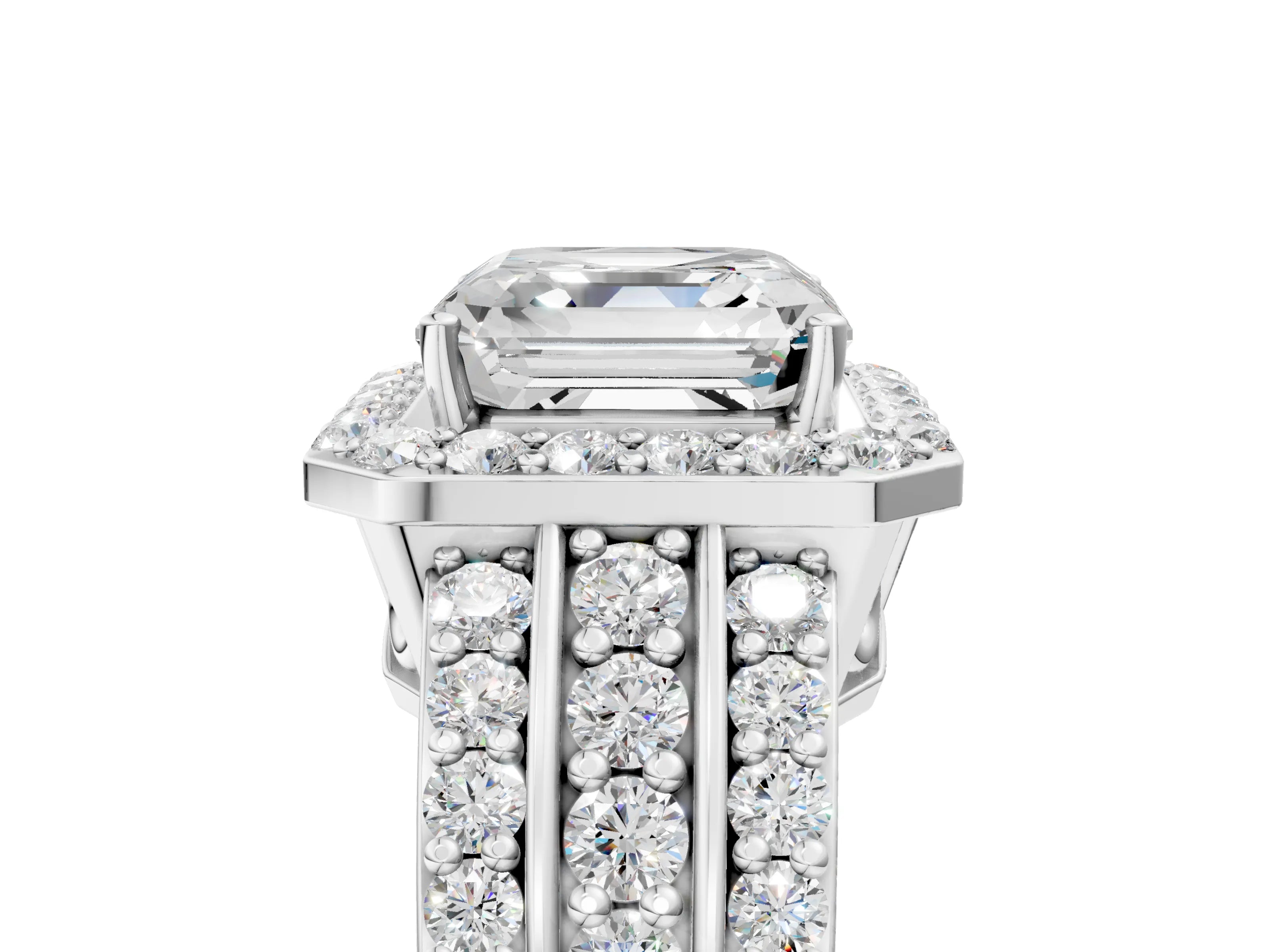 White gold Asscher Cut Halo Diamond Ring with Round with Moissanite side stone Split Shank and Prong Setting_41