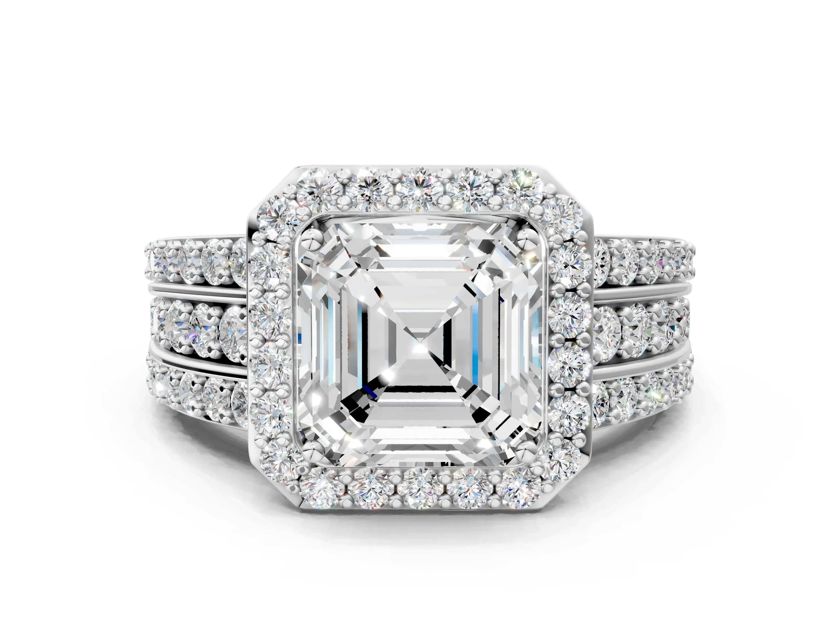 White gold Asscher Cut Halo Diamond Ring with Round with Moissanite side stone Split Shank and Prong Setting_48