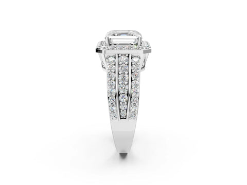 White gold Asscher Cut Halo Diamond Ring with Round with Moissanite side stone Split Shank and Prong Setting_50