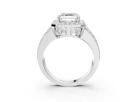 White gold Asscher Cut Halo Diamond Ring with Round with Moissanite side stone Split Shank and Prong Setting_51