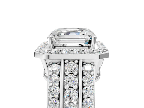 White gold Asscher Cut Halo Diamond Ring with Round with Moissanite side stone Split Shank and Prong Setting_53